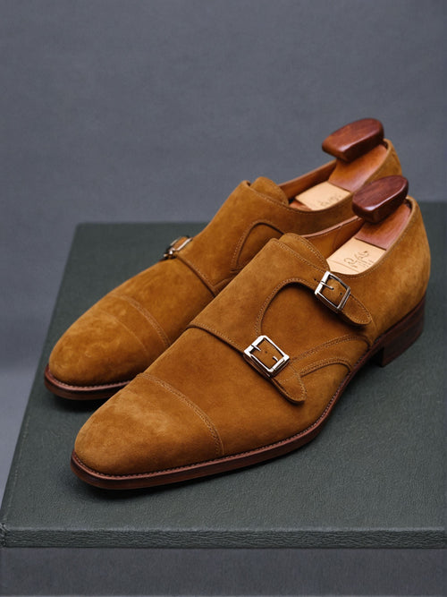 Tan Suede Leather Lysander Toe Cap Monk Straps