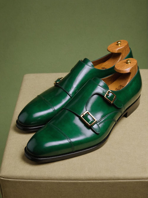 Green Leather Lysander Toe Cap Monk Straps