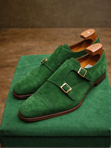 Green Suede Leather Lysander Toe Cap Monk Straps