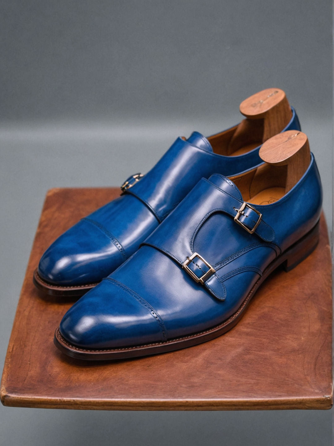 Blue Leather Lysander Toe Cap Monk Straps
