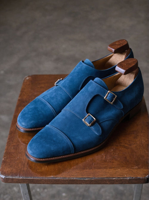 Blue Suede Leather Lysander Toe Cap Monk Straps