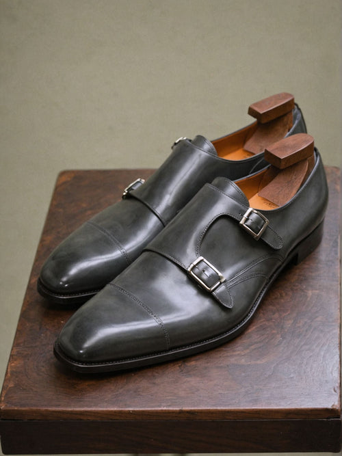 Grey Leather Lysander Toe Cap Monk Straps