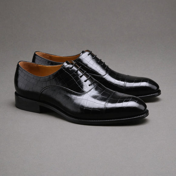 Black Croc Print Leather Woodford Balmoral Toe Cap Oxfords - Formal Shoes