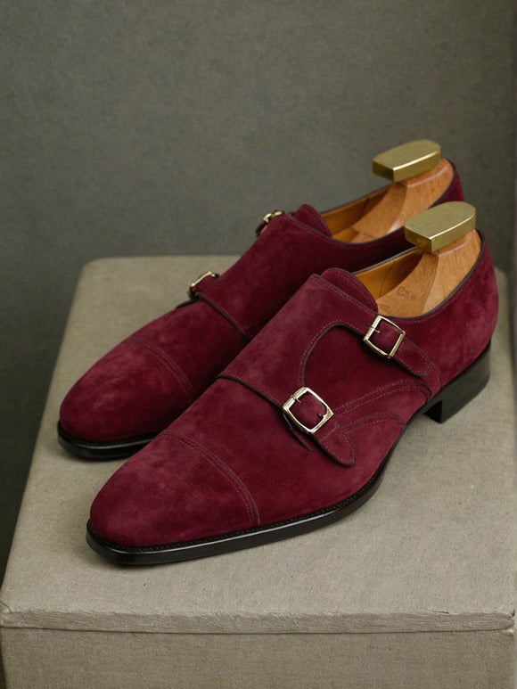 Burgundy Suede Leather Lysander Toe Cap Monk Straps