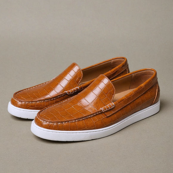 Tan Croc Print Leather Anthea Slip On Sneakers