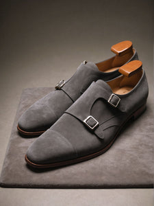 Grey Suede Leather Lysander Toe Cap Monk Straps