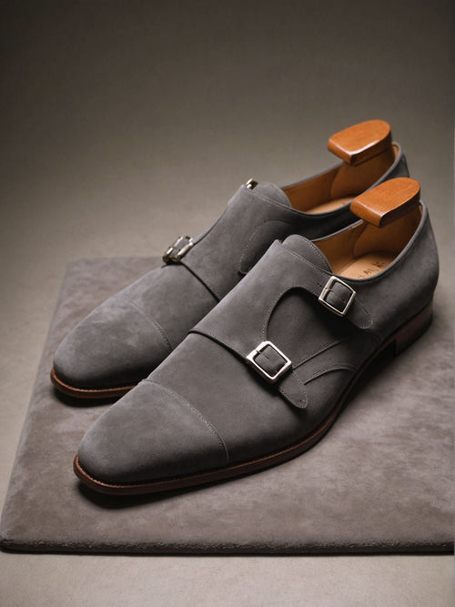 Grey Suede Leather Lysander Toe Cap Monk Straps