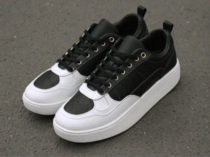 White & Black Leather Newsara Lace Up Running Sneaker Shoes - Summer 2024 Collection