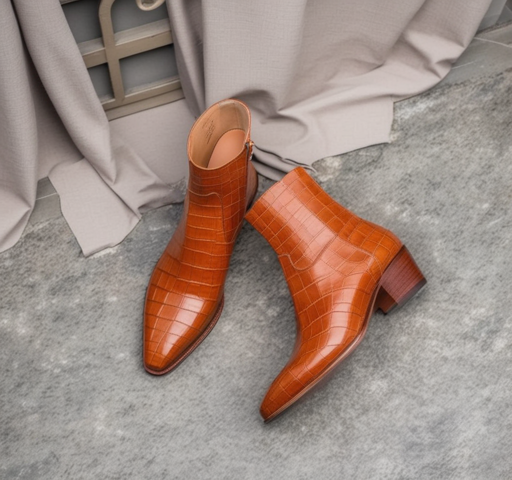 Testing Tan Croc Print Leather Rivolta Slip On Zipper Pointed Boots (Copy)