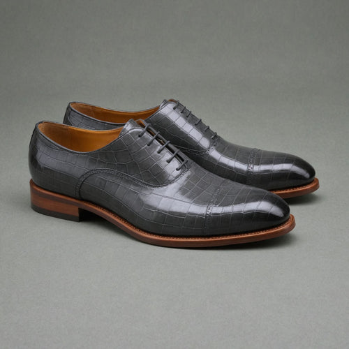 Grey Croc Print Leather Woodford Balmoral Toe Cap Oxfords - Formal Shoes