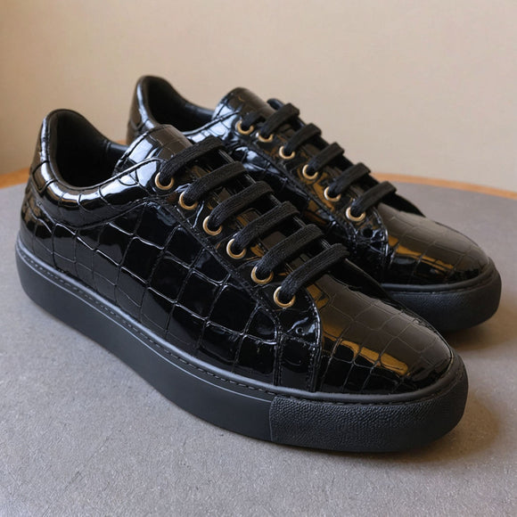 Black Croc Print Leather Niccolò Lace Up Sneakers