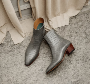 Grey Croc Print Leather Lazzer Slip On Zipper Pointed Boots Costoso Italiano