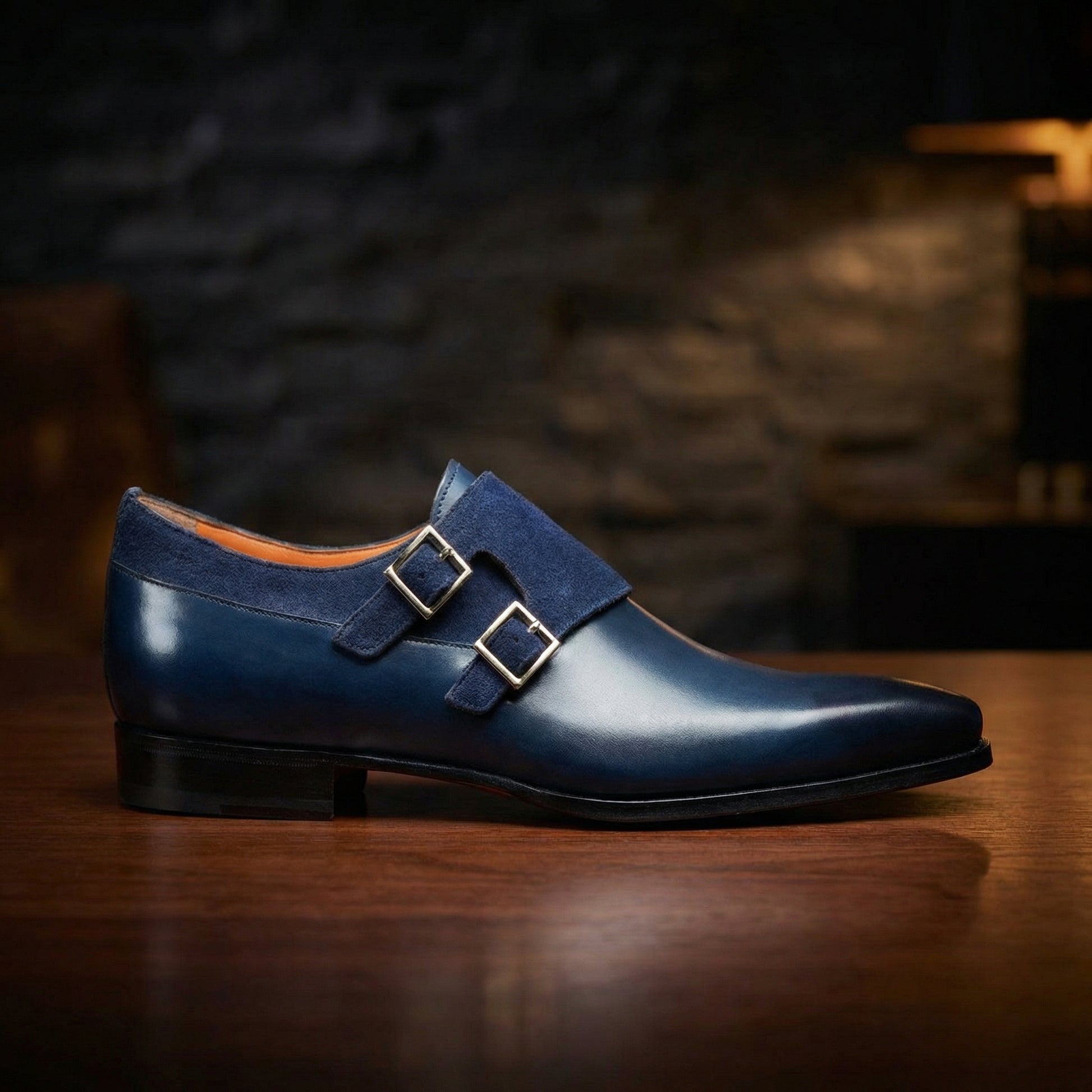 Height Increasing Navy Blue Leather & Suede Castle Monk Straps