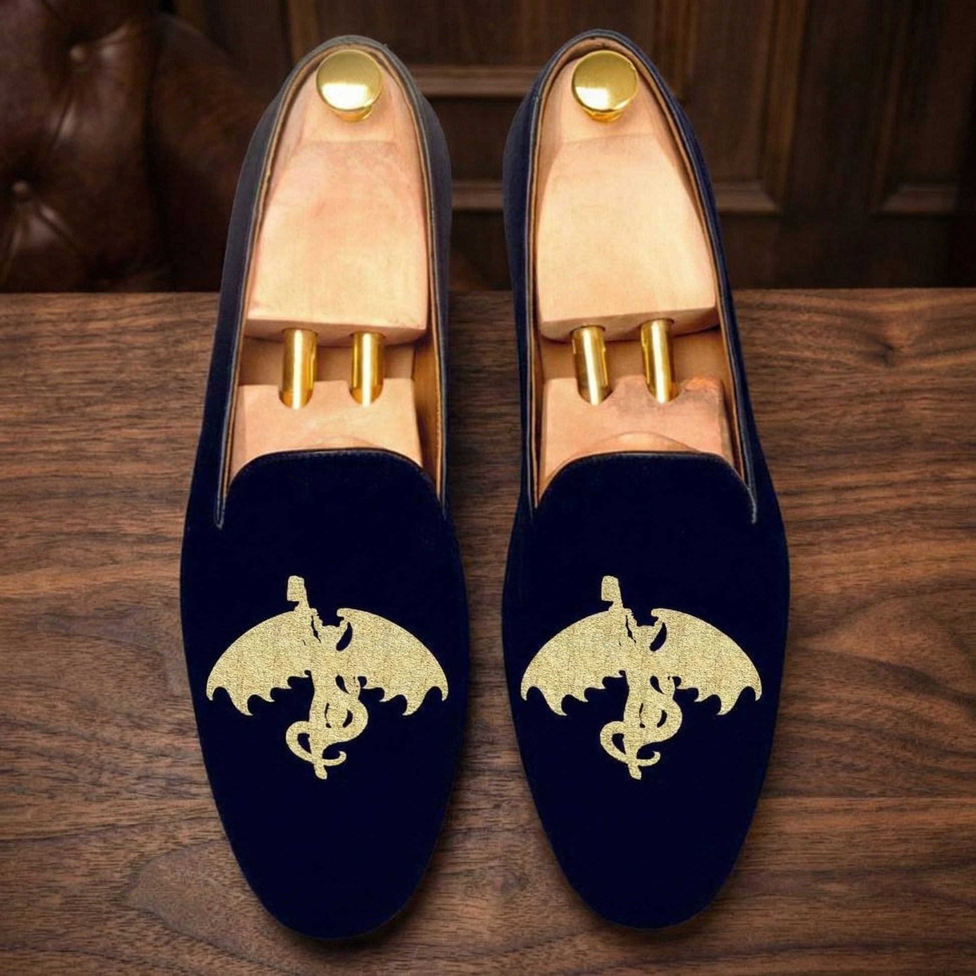 Blue Velvet Gargoyle With Beer Embroidered Loafers