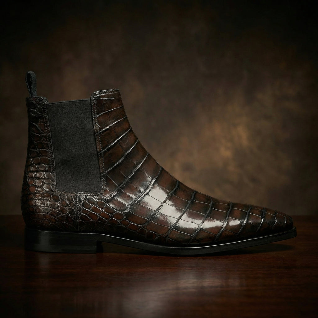 Brown Alligator Textured Leather Evington Chelsea Slip On Boots