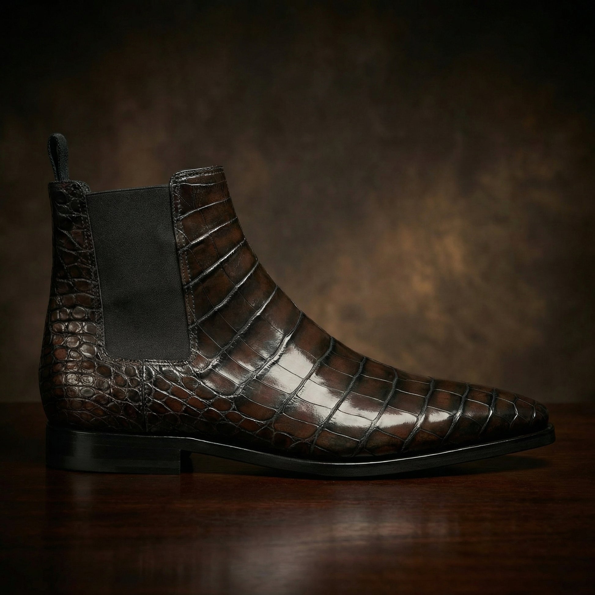 Brown Alligator Textured Leather Evington Chelsea Slip On Boots