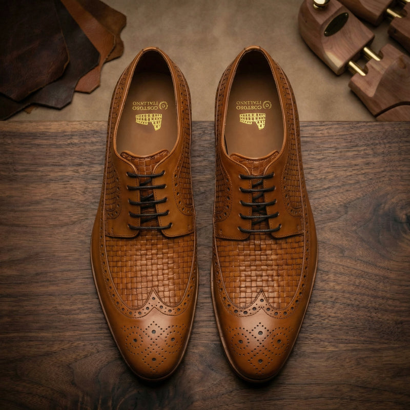 Height Increasing Tan Braided Leather Norwood Brogue Derby Shoes