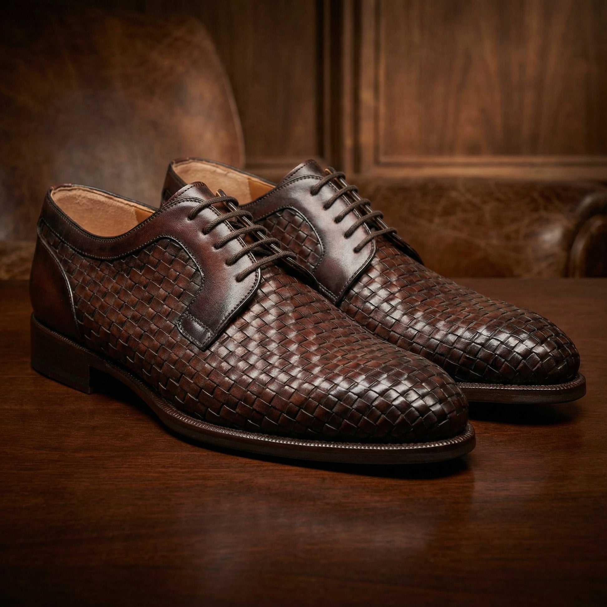 Brown Braided Leather Holloway Derby Shoes Costoso Italiano Brown Braided Leather Holloway Derby Shoes Costoso Italiano