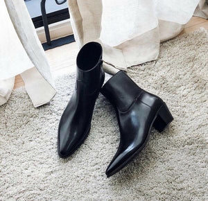 Black Leather Fiorina Slip On Zipper Pointed Boots for Men