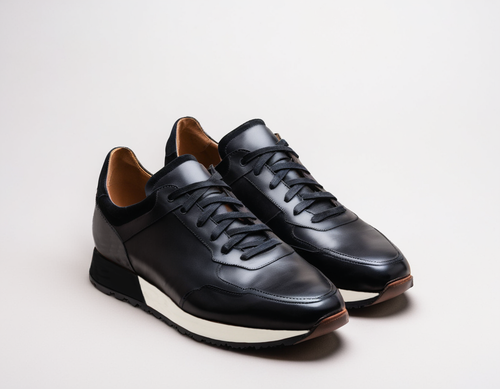 Black Leather Nausori Lace Up Running Sneaker Shoes