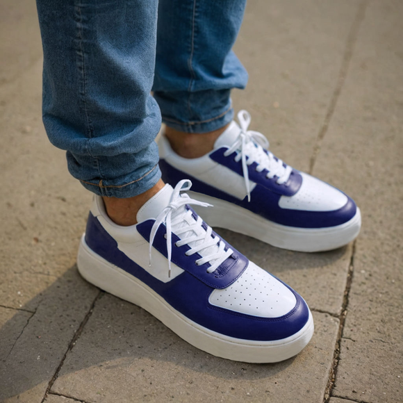 Blue & White Leather Step Savvy Lace-Up Sneakers with White Sole - Summer 2024 Collection