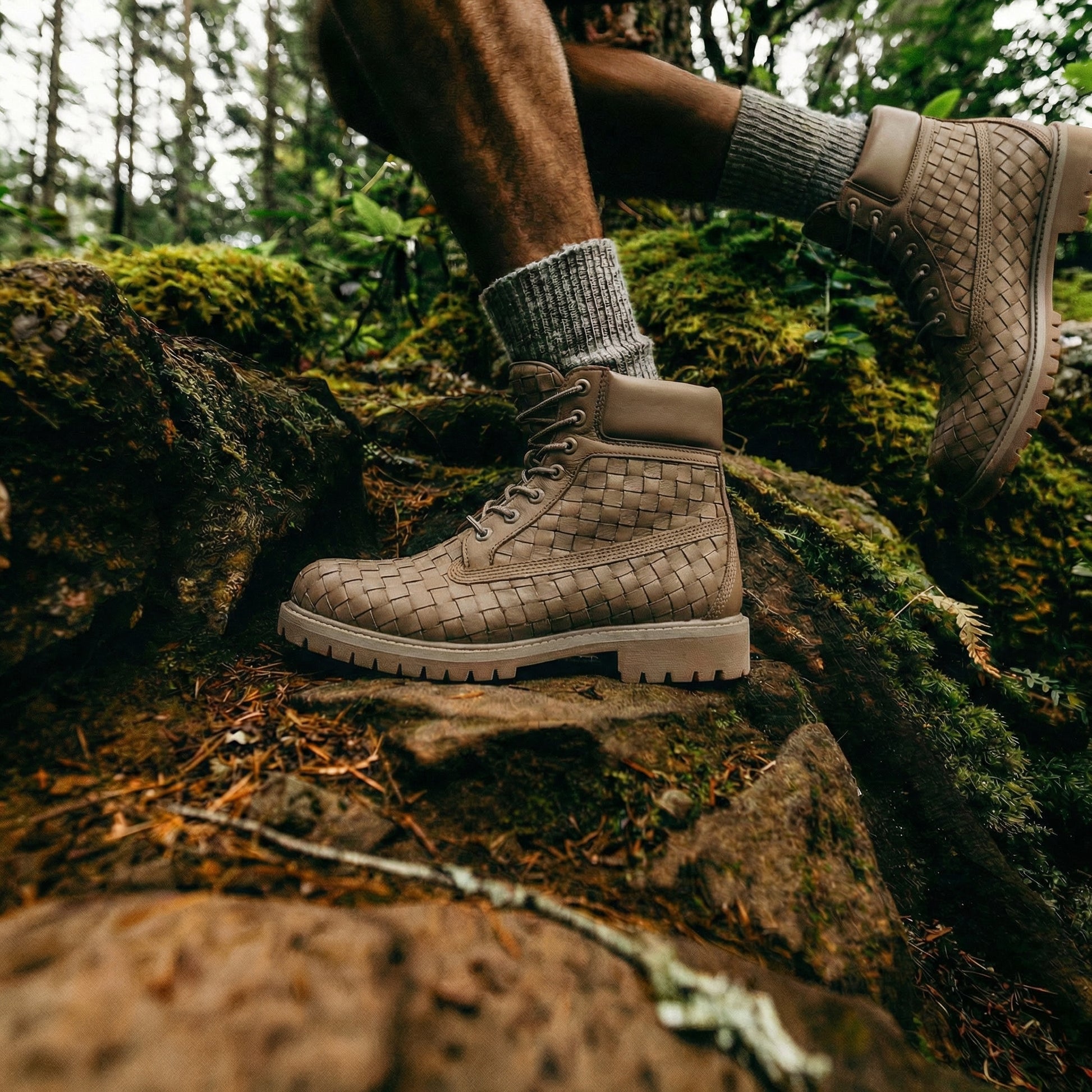 Beige braided Leather Selvaggio Ankle Lace Up Combat Hiking Boots with Chunky Track Sole