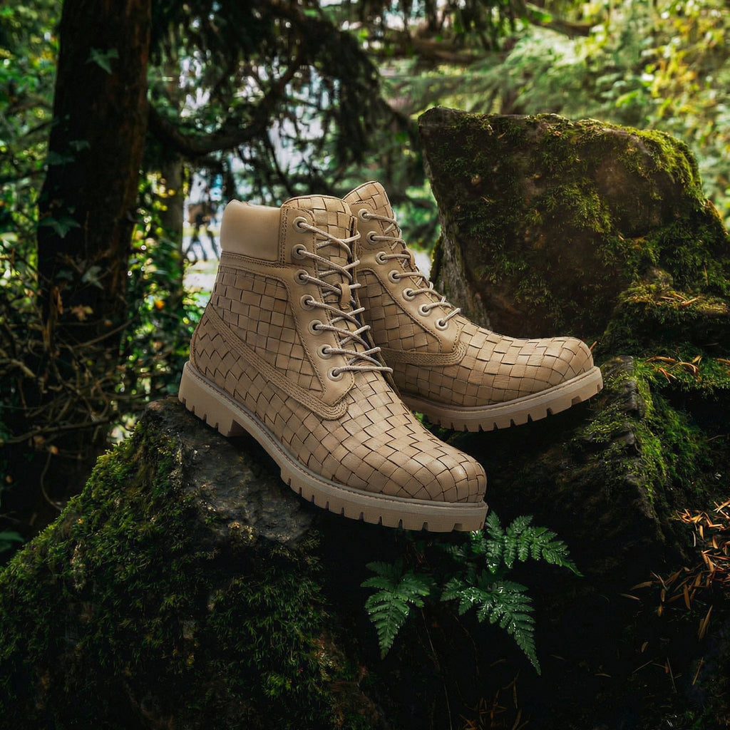 Beige braided Leather Selvaggio Ankle Lace Up Combat Hiking Boots with Chunky Track Sole