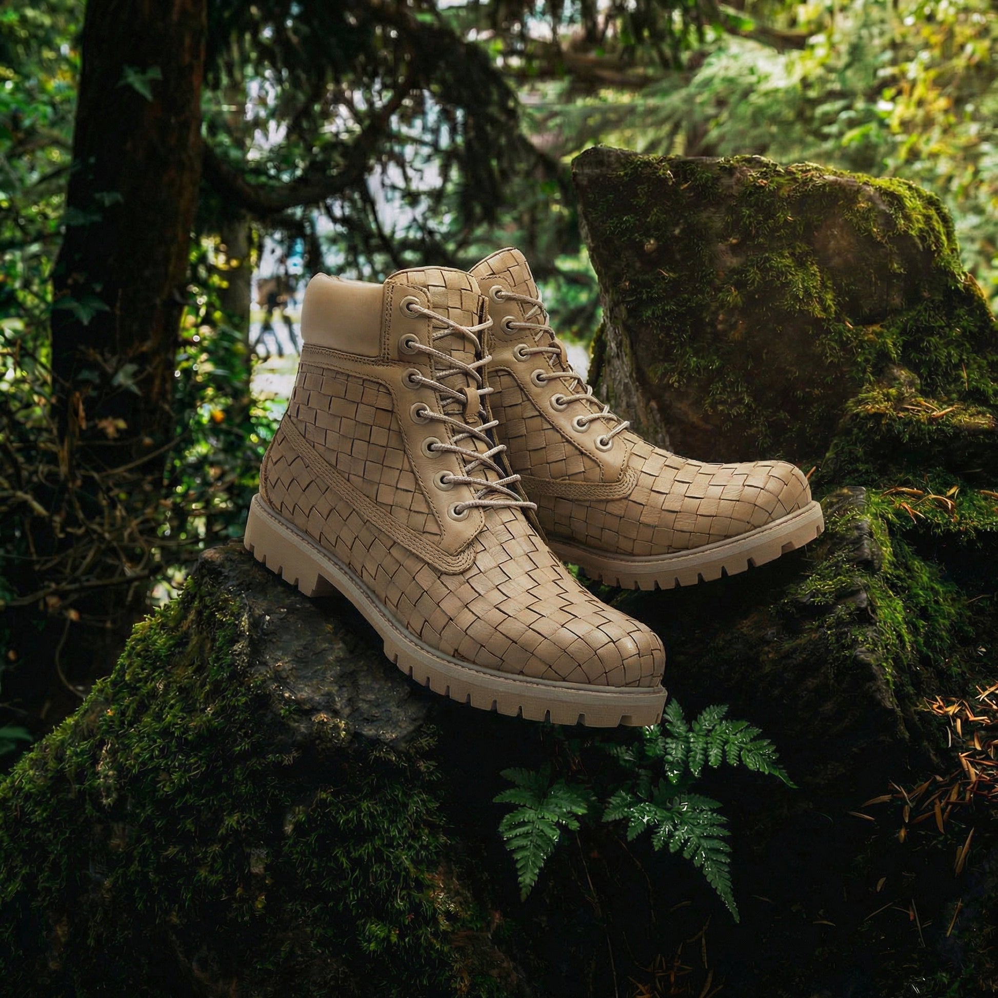 Beige braided Leather Selvaggio Ankle Lace Up Combat Hiking Boots with Chunky Track Sole