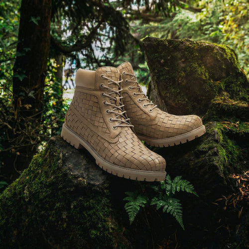 Beige braided Leather Selvaggio Ankle Lace Up Combat Hiking Boots with Chunky Track Sole