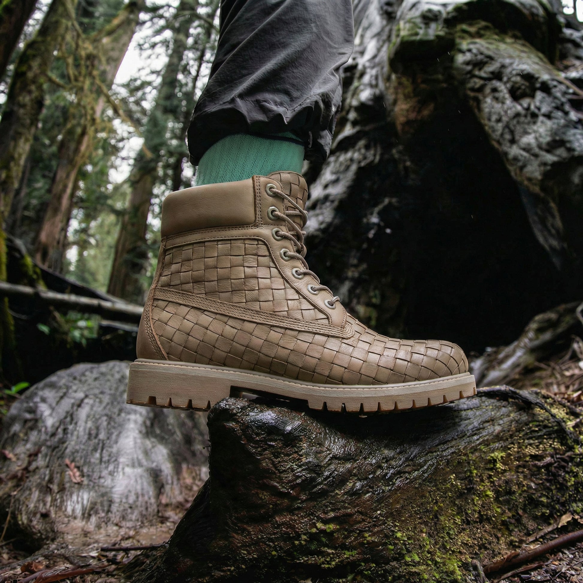 Beige braided Leather Selvaggio Ankle Lace Up Combat Hiking Boots with Chunky Track Sole