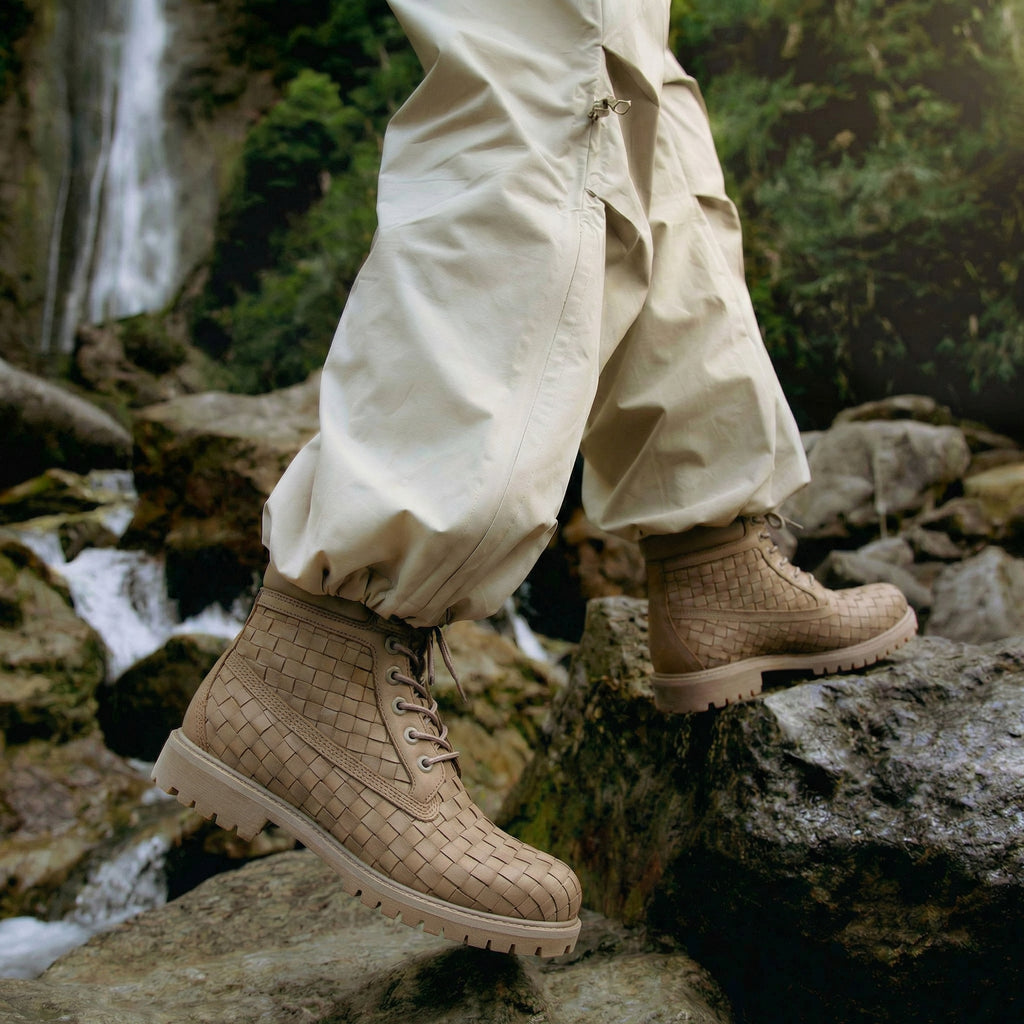 Beige braided Leather Selvaggio Ankle Lace Up Combat Hiking Boots with Chunky Track Sole