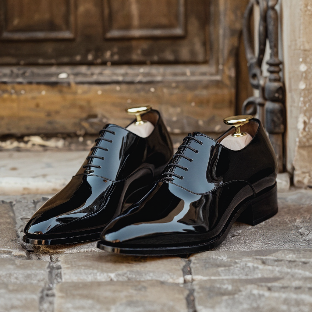 Height Increasing Black Patent Leather Desiderio Lace-Up Pointed Oxford Shoes