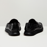 Black Croc Print Leather Evarado Penny Loafers with Black Hybrid Sole - SS23