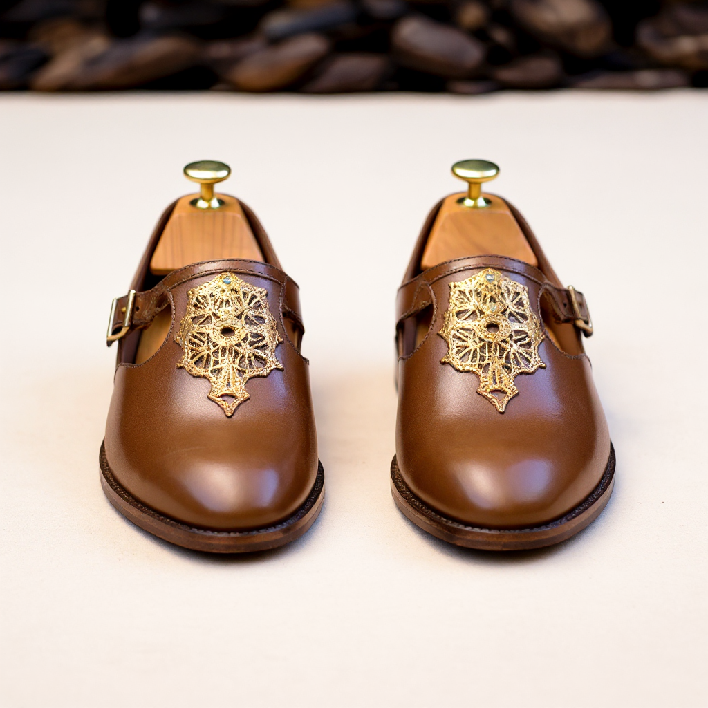 Brown Leather Embroidery Work Peshawari Loafers | Wedding Shoes for Groom | Shoes for Haldi Mehendi Sangeet - Wedding Essentials