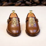 Brown Leather Embroidery Work Peshawari Loafers | Wedding Shoes for Groom | Shoes for Haldi Mehendi Sangeet - Wedding Essentials