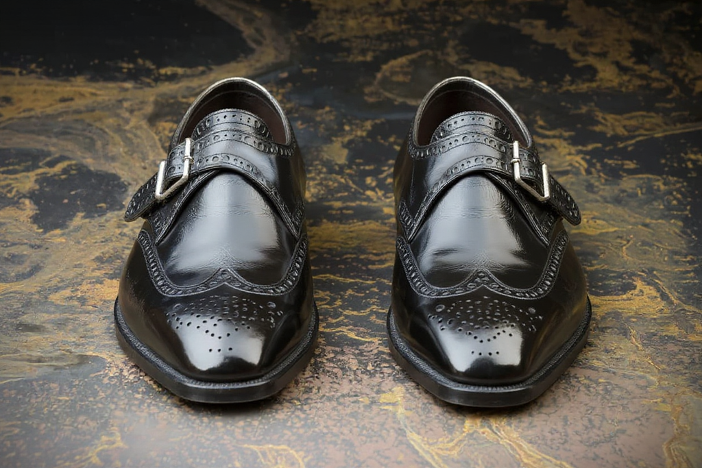 Black Leather Caranavi Brogue Wingtip Monk Strap Shoes - AW24: The Royale Collection