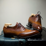 Tan Leather and Suede Cedara Brogue Wingtip Oxfords - Formal Shoes