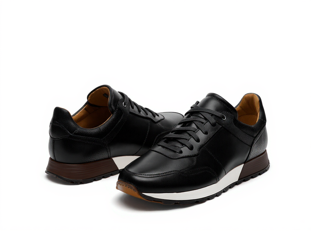 Black Leather Nausori Lace Up Running Sneaker Shoes