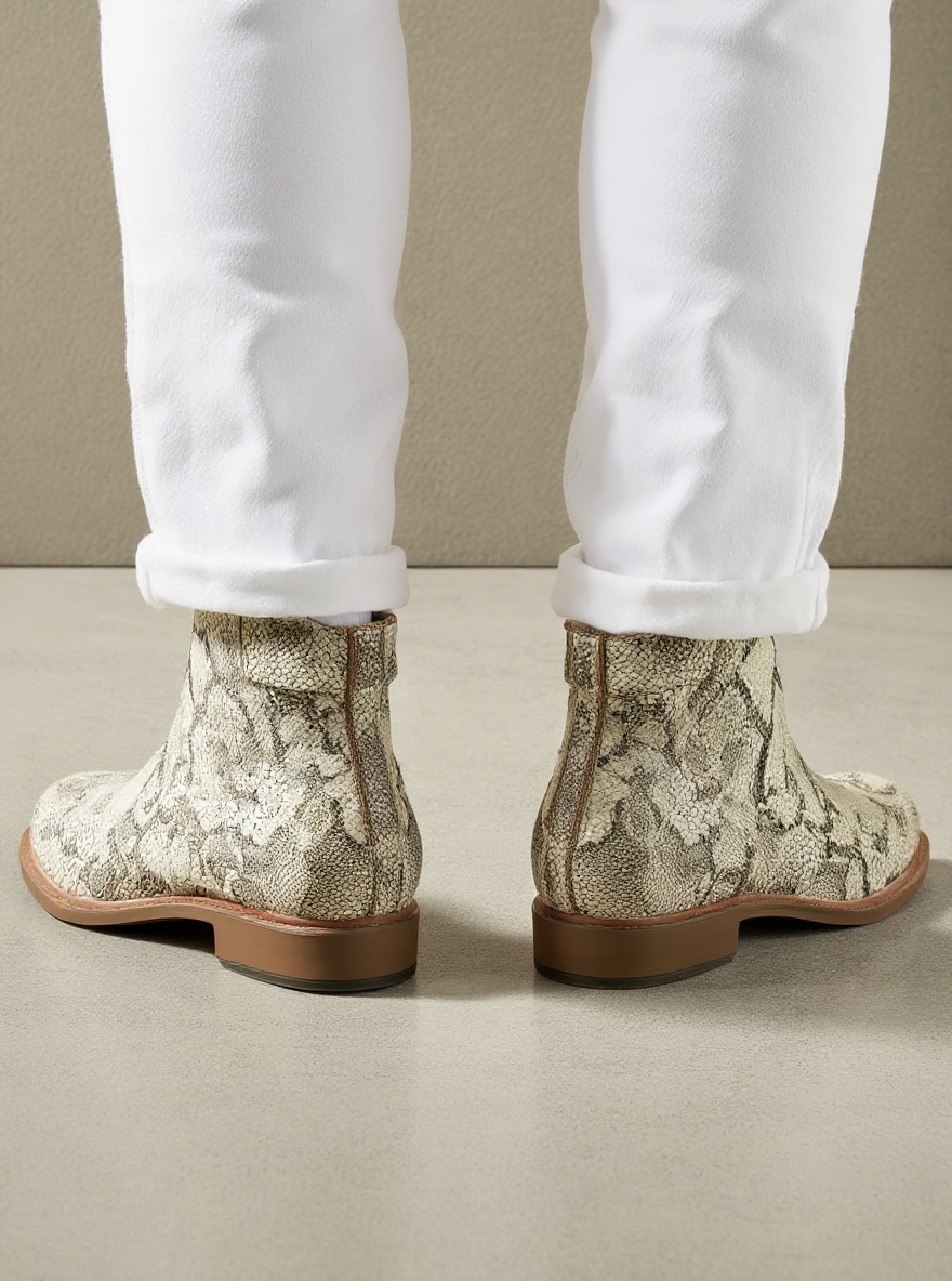 White Snake Print Leather Cracio Slip On Jodhpur Boots