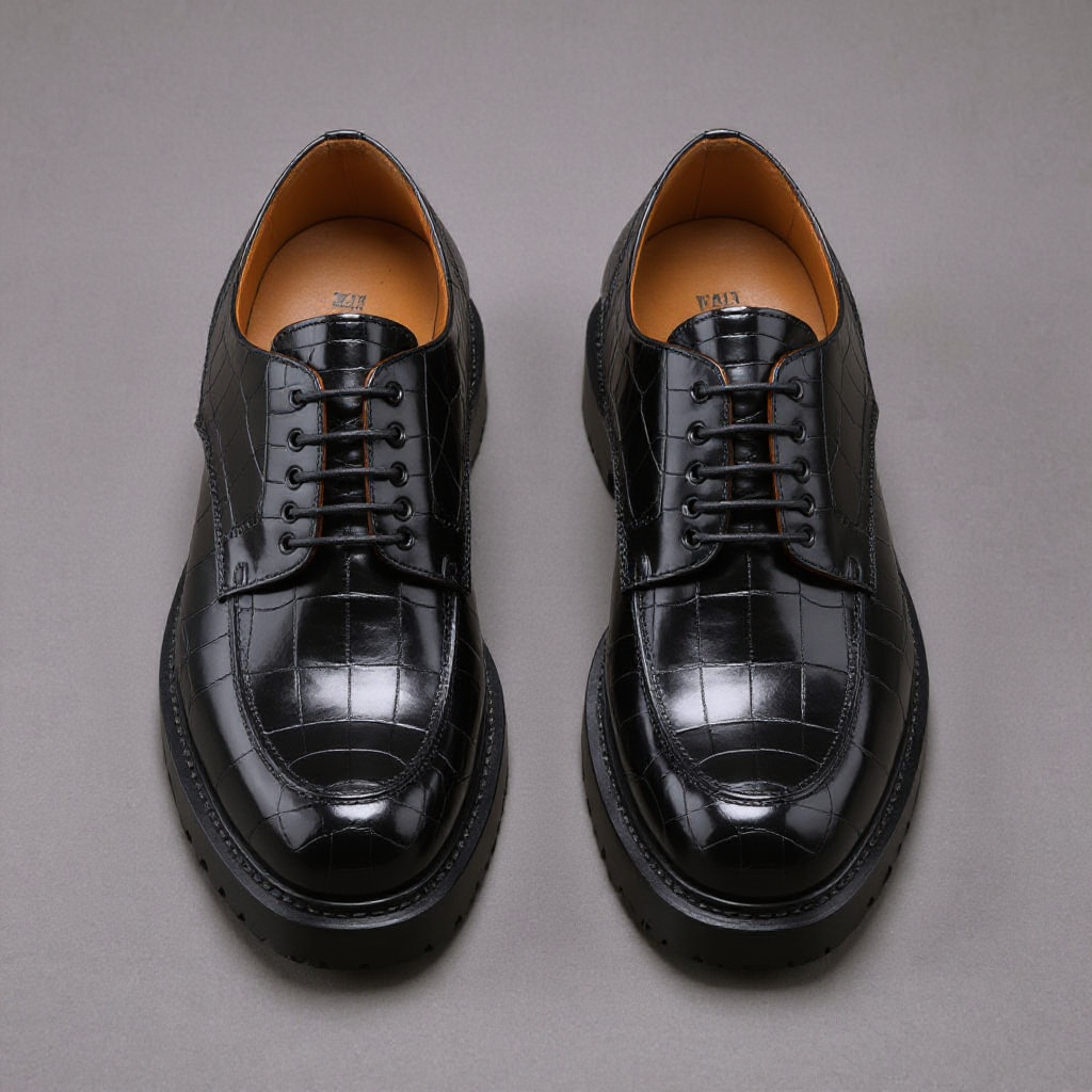 Black Croc Print Leather Orion Chunky Derby Shoes - SS23