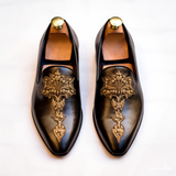 Brown Leather Embroidery Work Peshawari Loafers | Wedding Shoes for Groom | Shoes for Haldi Mehendi Sangeet - Wedding Essentials