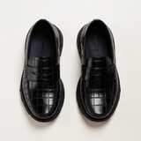 Black Croc Print Leather Evarado Penny Loafers with Black Hybrid Sole - SS23