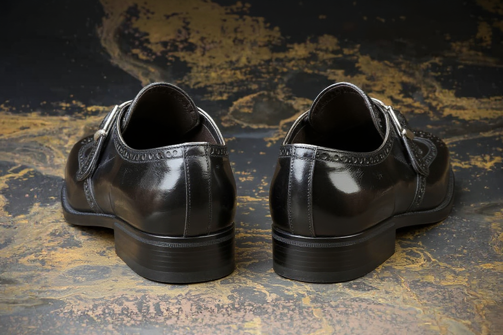 Black Leather Caranavi Brogue Wingtip Monk Strap Shoes - AW24: The Royale Collection