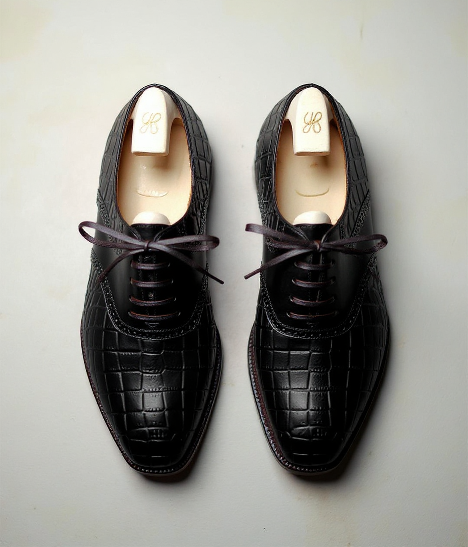 Black Croc Print Leather Elowen Brogue Oxfords - Formal Shoes - SS23
