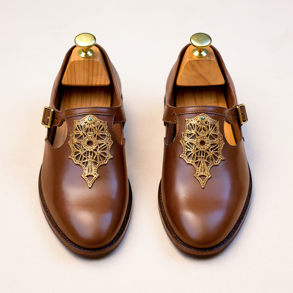 Brown Leather Embroidery Work Peshawari Loafers | Wedding Shoes for Groom | Shoes for Haldi Mehendi Sangeet - Wedding Essentials
