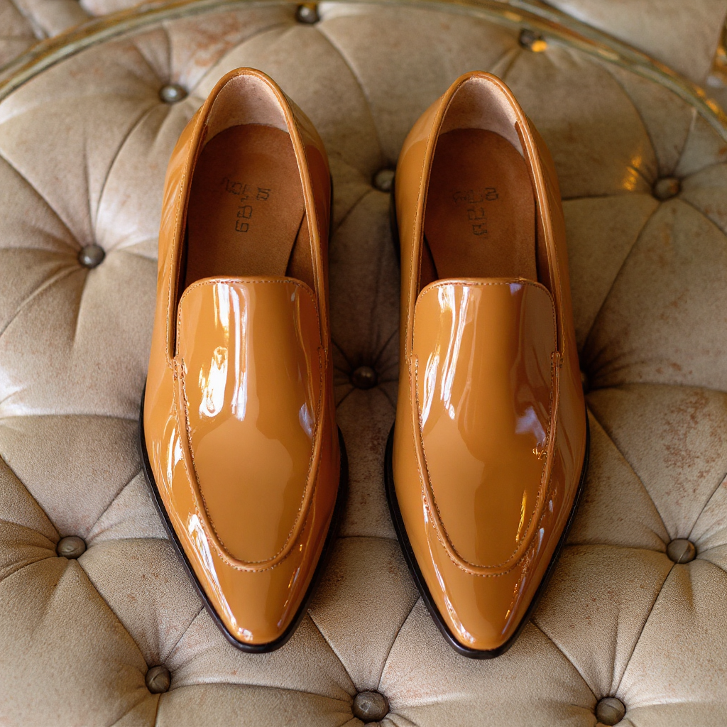 Tan Shiny Patent Leather Crispino Slip On Pointed Loafer Shoe