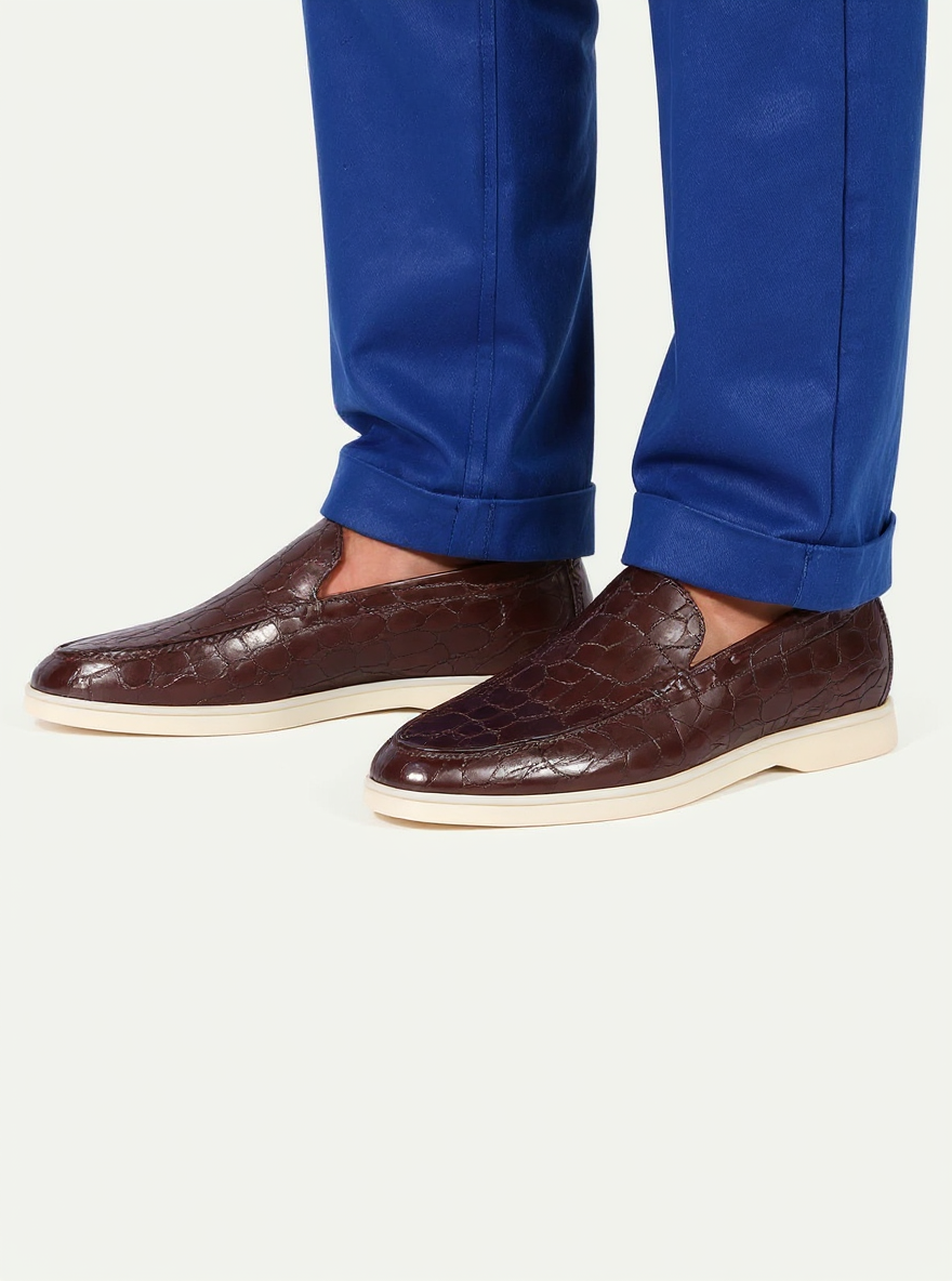 Brown Croc Print Leather Dameo Yatch Loafers with White Soles - Summer 2024 Collection - ITALIAN AW26