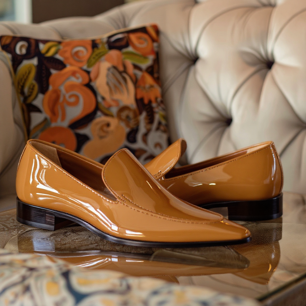 Tan Shiny Patent Leather Crispino Slip On Pointed Loafer Shoe