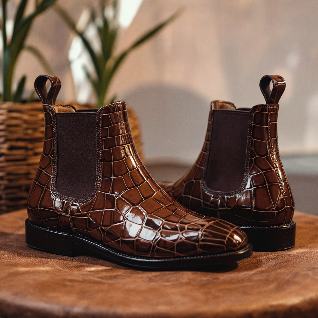 Brown Croc Print Leather Orlando Slip On Chelsea Boots