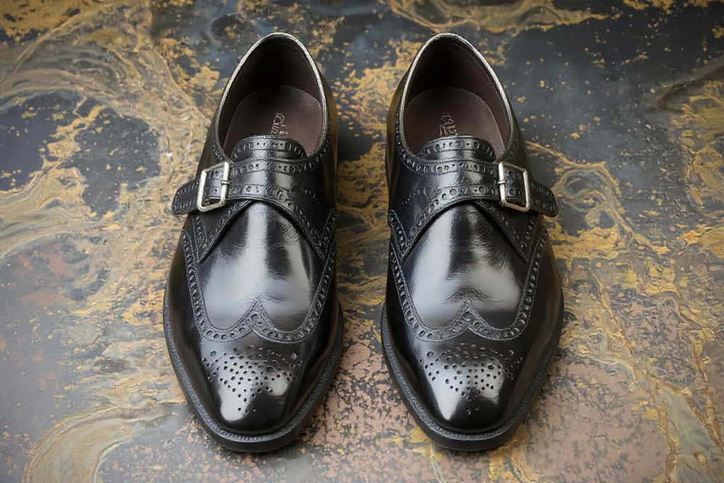 Black Leather Caranavi Brogue Wingtip Monk Strap Shoes - AW24: The Royale Collection